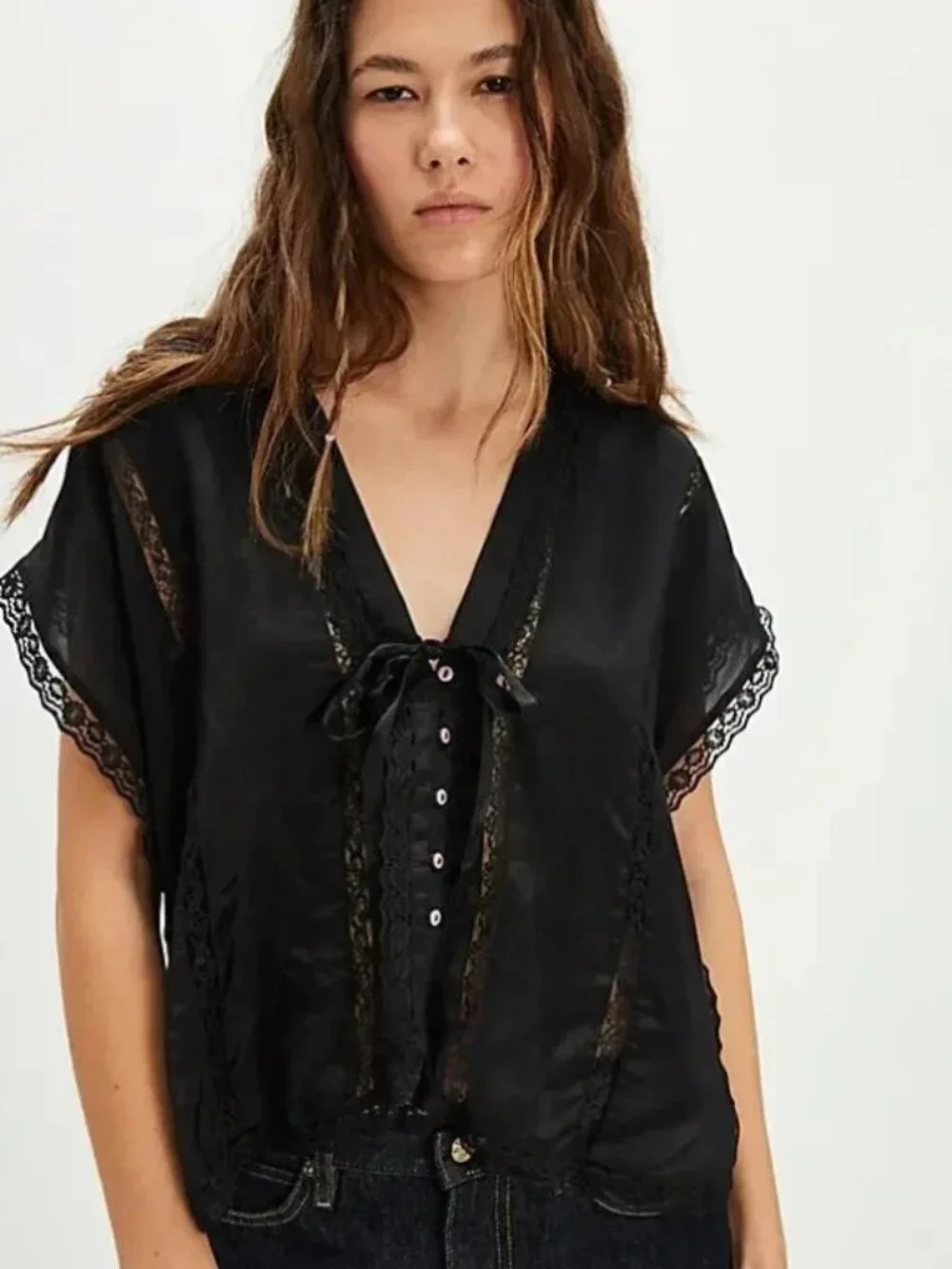 Free People Marigold Shine Lace Top Buttondown Lace V Neck Black S